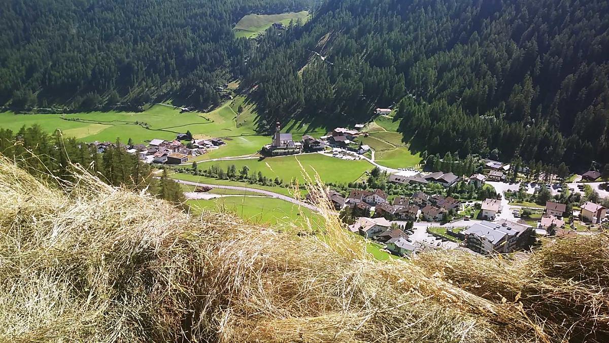 Práce na sene s výhledem na vesnici Panny Marie