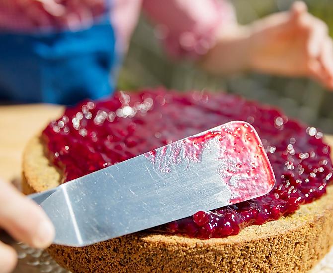 Boekweitkoek met zelfgemaakte rode bessenjam.