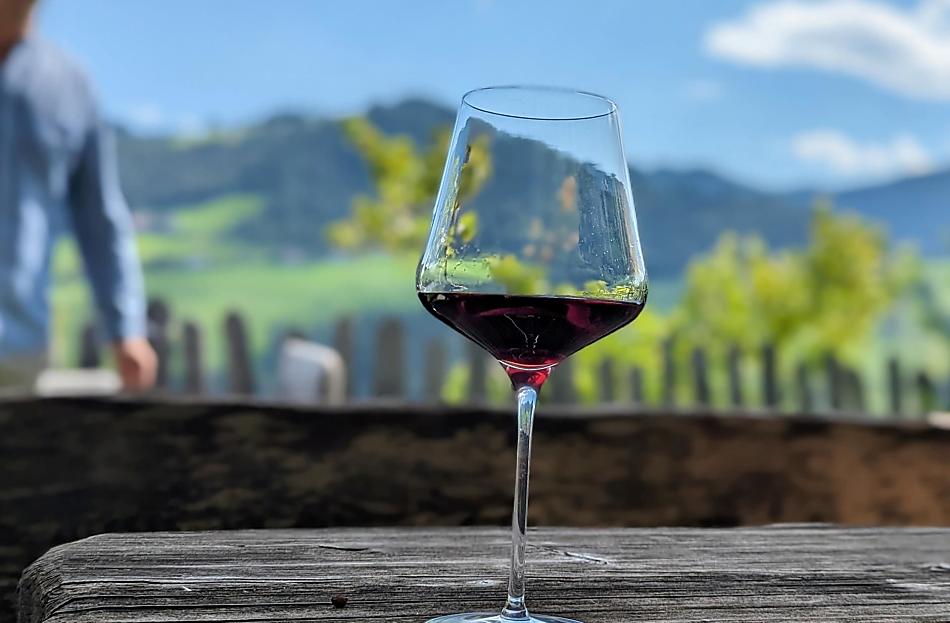 Een glas eigen geproduceerde wijn van de Fronthof