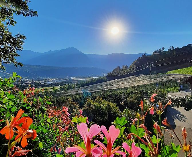 Morgensonne mit Blick auf Meran und Umgebung vom Balkon des Schlafzimmers.