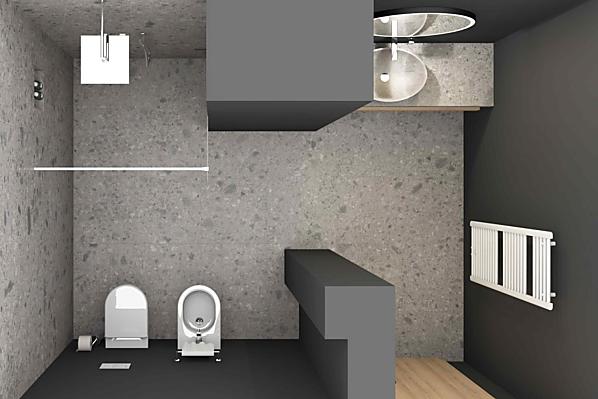 Geräumiges Badezimmer mit offener Dusche, WC, Bidet, Heizkörper und Kosmetikspiegel.