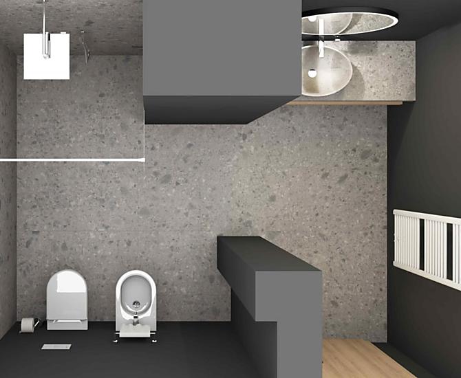Geräumiges Badezimmer mit offener Dusche, WC, Bidet, Heizkörper und Kosmetikspiegel.