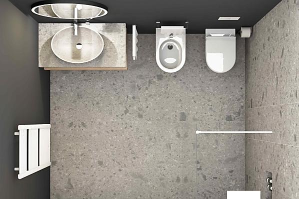 Geräumiges Badezimmer mit offener Dusche, WC, Bidet, Heizkörper und Kosmetikspiegel.