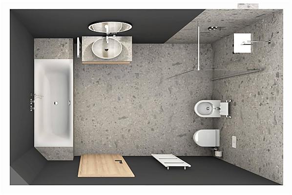 Geräumiges Badezimmer mit offener Dusche, Badewanne, WC, Bidet, Heizkörper und Kosmetikspiegel.