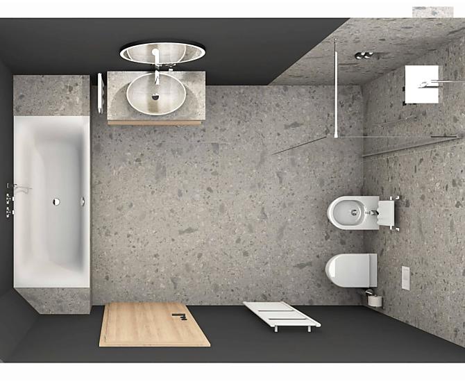 Geräumiges Badezimmer mit offener Dusche, Badewanne, WC, Bidet, Heizkörper und Kosmetikspiegel.