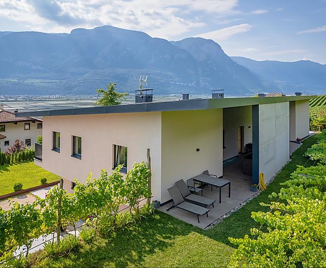 Richtung Weinberge haben Sie eine überdachte Terrasse mit großem Esstisch sowie Liegestühle mit Liegewiese.