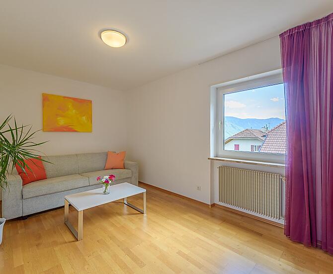 Das Wohnzimmer mit Fernseher kann auch als hochwertige Doppelschlafcouch verwendet werden.
