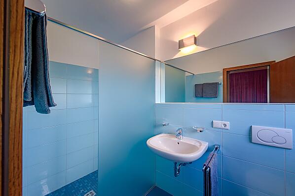 Geräumige begehbare Dusche mit WC, Fön, großer Spiegel, Fenster, Handtücher, Duschtücher