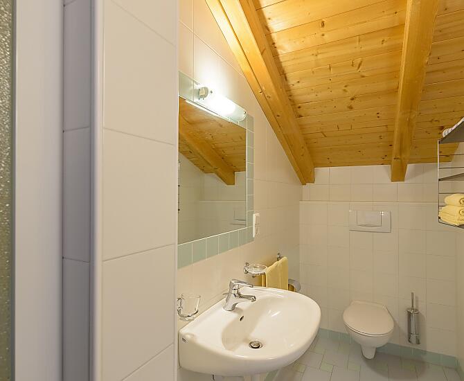 Geräumiges Bad mit Dusche/WC, Föhn, Handtücher, Duschtücher