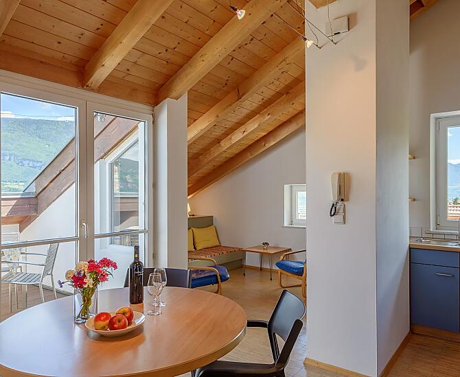 Wohnraum mit Küche mit Ausblick in den Süden und auf die Weinberge, Esstisch, Couch mit Fernseher und Dachterrasse mit Talblick